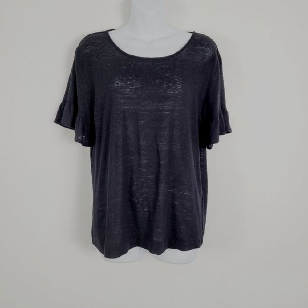 Chalet Black Linen Blend Ruffle Sleeve Lagenlook Lightweight Top Size M